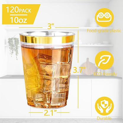 Ciaell 120PCS Gold Plastic Cups - 10Oz Heavy Duty Clear Plastic Cups with Gold Rim - Gold Rim Disposable Cups for Wedding, Birthday & Party
