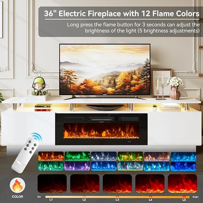 80" TV Stand & Media Console, Entertainment Center with Storage Shelves, Fits TVs up to 90", Modern Living Room Cabinet, 36" Electric Fireplace (White+Black)