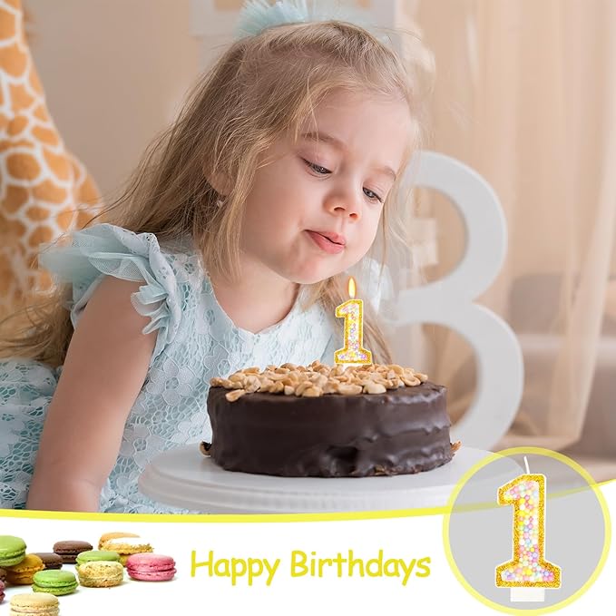 1st Birthday Candle for Cake, Colorful Macaron Numeral Candles for Boys/Girls, Baby Birthday Party Cake Decorations, Golden Cake Topper for Birthday Party Supplies (Number 1)