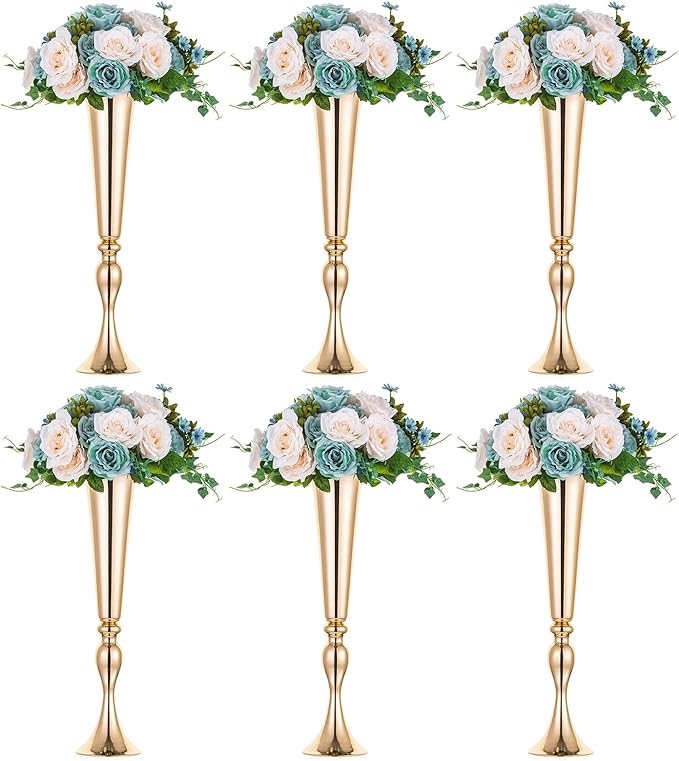 NUPTIO Gold Tall Centerpiece Table: 21.9" Trumpet Vases for Wedding Metal Flower Stand for Party Decorations Set of 6