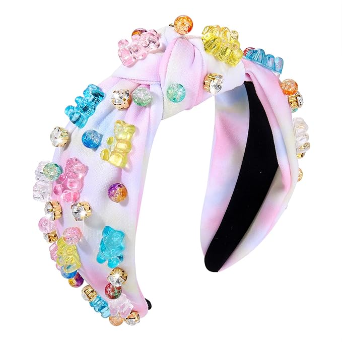 ZITULRY Knotted Headband for Women Crystal Gummy Bear Jeweled Embellished Top Knot Headbands Fashion Statement Wide Turban Hairband Funny Gifts for Girls Sister Birthday Holiday Party