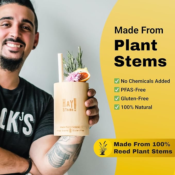 HAY Compostable Drinking Wrapped Straws 8 Inch Jumbo for Smoothies Milkshake Iced Coffee - 250 Count Biodegradable Never Soggy Plant Based Disposable Eco Friendly - Plastic Free Natural Tall Straws