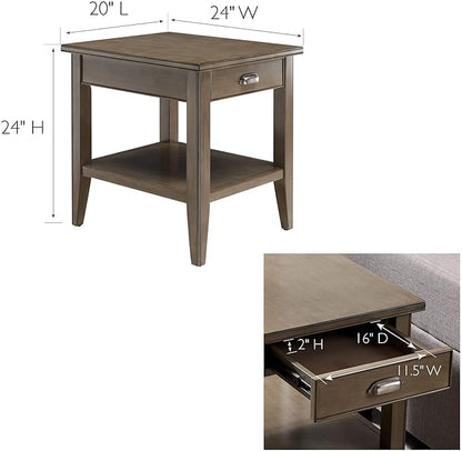 Leick Home Laurent End Table, Solid Wood, with Shelf and Drawer, Smoke Gray, 10507-GR