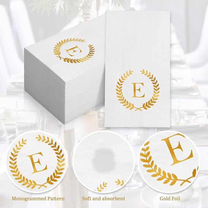 200 Pack Monogrammed Disposable Napkins Gold Foil Letter E Guest Napkins Initial Disposable Hand Paper Towels for Wedding Engagement Baby Shower Party Home Kitchen Bathroom Dinner Decorative Towels
