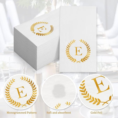 200 Pack Monogrammed Disposable Napkins Gold Foil Letter E Guest Napkins Initial Disposable Hand Paper Towels for Wedding Engagement Baby Shower Party Home Kitchen Bathroom Dinner Decorative Towels