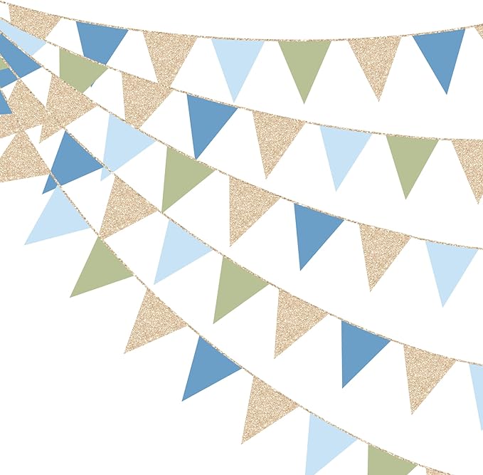 Champagne Gold Dusty Blue Sage Green Pennant Banner Flag Olive Green Blue Hanging Glitter Paper Triangle Bunting for Birthday Baby Shower Wedding One Silly Goose Themed Party Decorations Supplies
