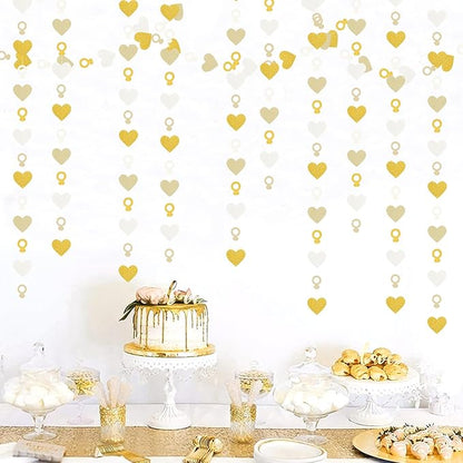 Engagement Bachelorette Party-Decorations White-Gold Garland - 52Ft Heart Ring Wedding Paper Streamers Banner, Galentines. Proposal Decor Lasting Surprise