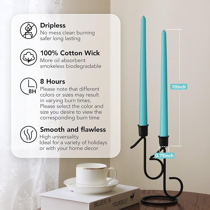 New Burning Formula Unscented Dripless 10-Inch Taper Candles Set of 12 - Turquoise, for Wedding, Dinner - Smokeless, Long Burning - Hand Poured, Colored Tall Candlesticks - Turquesa