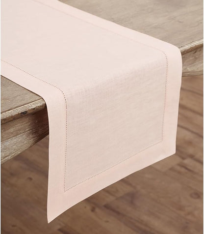 Solino Home Linen Pink Table Runner 36 Inches - Classic Hemstitch, 100% Pure Linen Coffee Table Runner 14 x 36 Inch Ideal for Dresser Tables