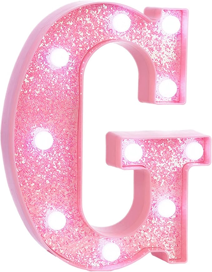 Pink LED Marquee Light Up Letters, Glitter Alphabet Letter Lights for Birthday Party Decorations, Battery Operated Letter Signs for Girls Room Table Decor, Pink letter G with Cool White Lights