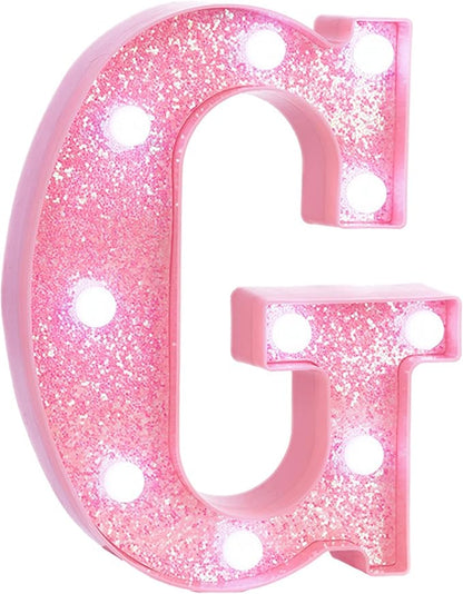 Pink LED Marquee Light Up Letters, Glitter Alphabet Letter Lights for Birthday Party Decorations, Battery Operated Letter Signs for Girls Room Table Decor, Pink letter G with Cool White Lights