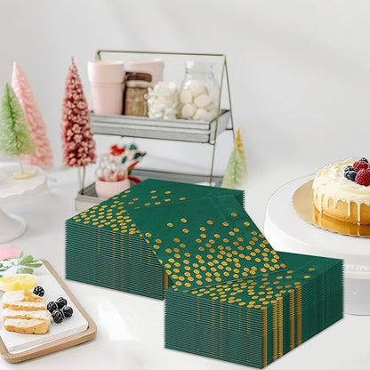 100 Pack 6.5x6.5 Inch Disposable Green and Gold Cocktail Napkins