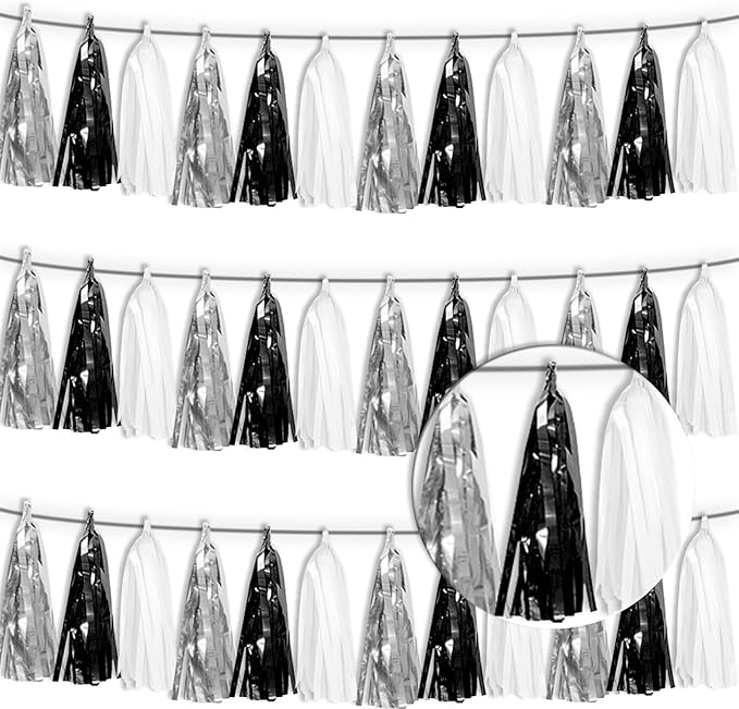 3P Black Silver white Tassel Banner Garland Metallic Foil Fringe Banner Tinsel Tassels Streamer Banner Backdrop for Parade Floats, Graduation Decorations, Halloween, Christmas Decorations