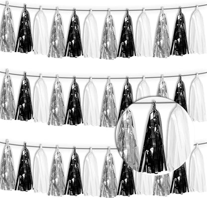 3P Black Silver white Tassel Banner Garland Metallic Foil Fringe Banner Tinsel Tassels Streamer Banner Backdrop for Parade Floats, Graduation Decorations, Halloween, Christmas Decorations
