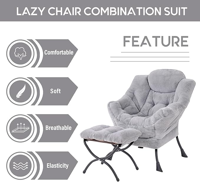 LITA Lazy Chair with Ottoman, Modern Accent Leisure Upholstered Sofa Chair, Contemporary Lounge Reading Chairs with Armrests and a Side Pocket for Living Room, Bedroom & Small Space, Plush Grey