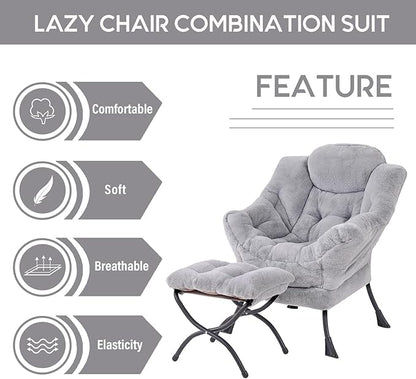 LITA Lazy Chair with Ottoman, Modern Accent Leisure Upholstered Sofa Chair, Contemporary Lounge Reading Chairs with Armrests and a Side Pocket for Living Room, Bedroom & Small Space, Plush Grey
