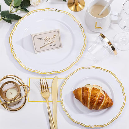 Hioasis 175pcs White and Gold Plastic Plates - Gold Plastic Dinnerware Set Includes 25 Dinner Plates, 25 Dessert Dinnerware, 25 Cups, 25 Rolled Napkin Cutlery Perfect for Wedding & Party