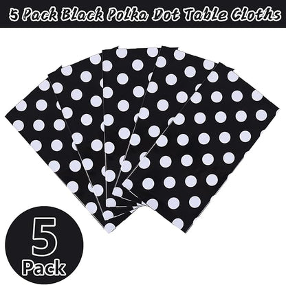 Kesfey 5 Packs Black and White Dots Table Cloth 54x108 Inch Black Polka Dot Mini Mouse Plastic Table Cloth Disposable Black Waterproof Picnic Table Covers for Rectangle Tables Halloween Birthday Party