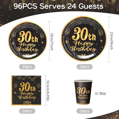 96pcs 30th Birthday Party Disposable Tableware Set for Men Women Black and Gold Paper Plates for 24 Guest Party Supplies （Include plates，cups and napkins）