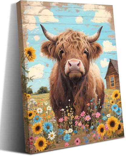 Rustic Farmhouse Highland Cow Wall Art,Rustic Highland Cow Sunflower Canvas Pictures Wall Decor,Country Animal Cattle Canvas Print Framed Artwork for Bathroom Bedroom Living Room12 x16