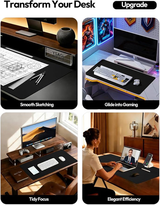 YSAGi Leather Desk Pad Protector, Office Desk Mat, Large Mouse Pad, Non-Slip PU Leather Desk Blotter, Laptop Desk Pad, Waterproof Desk Writing Pad Office and Home (Black, 35.4" x 17")