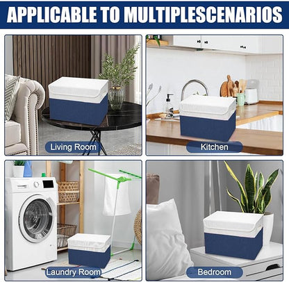 Large 22 Quart Linen Fabric Foldable Storage Bin Cube Organizer Basket with Flip-Top Lid & Handles, Clothes Blanket Box for Home, Office, Closet, Navy Blue & White, 4 Pack 14.6 x 9.5 x 9.5