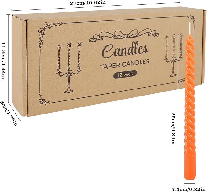 12Pack 10 Inch Orange Spiral Taper Candles，Unscented and Long Burning Dripless Twisted Candlesticks for Home Fall Decor,Halloween,Wedding, Birthday, Christmas