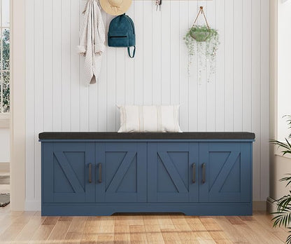 2-Tier Storage Bench, 47.2" Wide Shoe Bench with Padded Seat Cushion, Entryway Bench with 4 Barn Doors and Adjustable Shelf, Blue