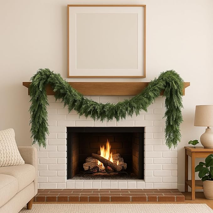 Artificial Cedar Garland, Realistic Green Pine Garland for Indoor & Outdoor Christmas Decorations, Lifelike Cedar Greenery for Mantle, Table, Staircase, and Wall (6FT(2 PCS))