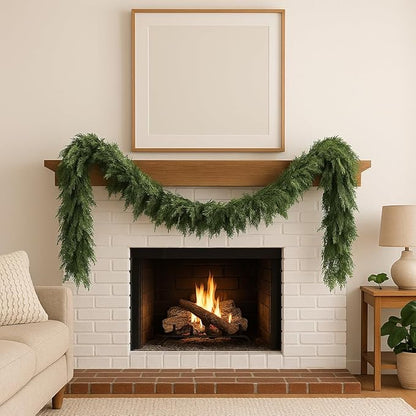Artificial Cedar Garland, Realistic Green Pine Garland for Indoor & Outdoor Christmas Decorations, Lifelike Cedar Greenery for Mantle, Table, Staircase, and Wall (9FT(2 PCS))