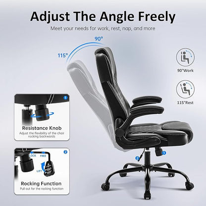 Office Chair, Executive PU Leather Chair Home Office Desk Chairs, Ergonomic Computer Desk Chair with Adjustable Flip-Up Arms, Lumbar Support Swivel Task Chair with Rocking Function (Black)
