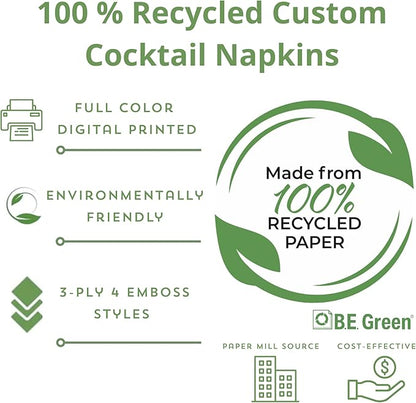 100% Recycled Custom Cocktail Napkins - Personalized 100% Recycled Napkins - Eco-friendly & Full-Color Digital Printed - Weddings, Events & Celebrations - Pack of 50 - Diamond Edge Embossed, 5"x 5"