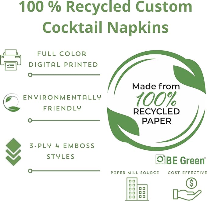 100% Recycled Custom Cocktail Napkins - Personalized 100% Recycled Napkins - Eco-friendly & Full-Color Digital Printed - Weddings, Events & Celebrations - Pack of 50 - All Over Embossed, 5"x 5"