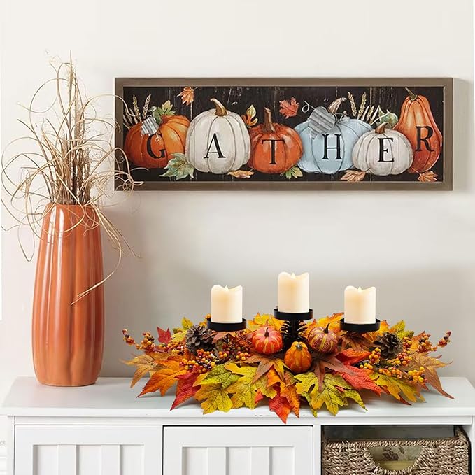 Thanksgiving Centerpiece Fall Table Decorations, Artificial Gourd, Pumpkins, Pine Cones, Maple Leaves and Berries Harvest Table Candle Holder for Dinning Table, Fireplace Mantel (Candle Not Included)