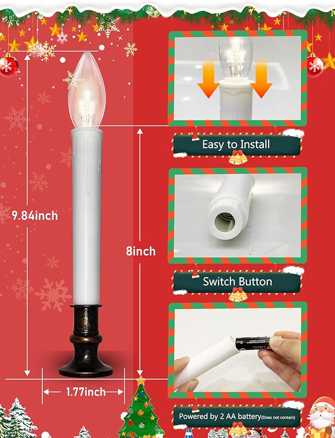 4 Pack LED Battery Operated Window Candles with Timer, Christmas Window Candles with Suction Cups, 3V Ultra-Bright LED Warm White Bulbs, Flameless Candle Lights for Indoor Christmas Window Table Decor