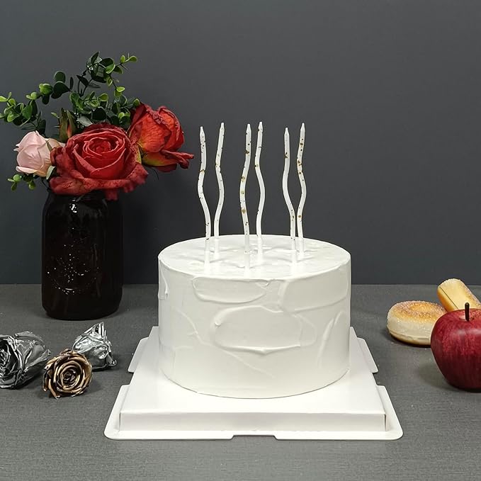 White Spiral Long Thin Birthday Candles for Cake – Metallic Cake Decorations, Happy Birthday Candles with Holders, Long Lasting & Safe (24, White+Gold Spots)