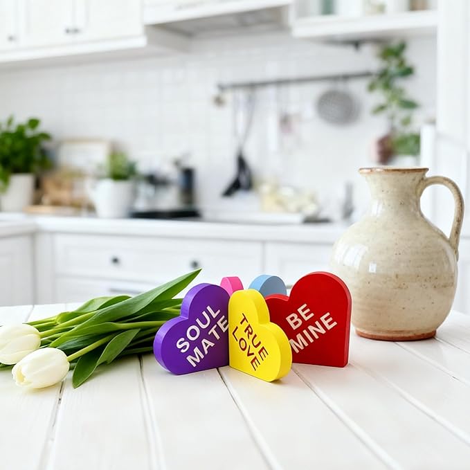 Valentines Day Wooden Heart Table Decor, 6PCS Double-Sided Conversation Heart Signs for Tiered Tray, Rustic Farmhouse Freestanding Wood Blocks, Valentine's Day Wedding Party Decorations and Gifts