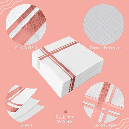 Rose Gold on White Cocktail Napkins - 100 Pack, 5" x 5", 3-Ply Paper - Style Name: Blissful Crossing