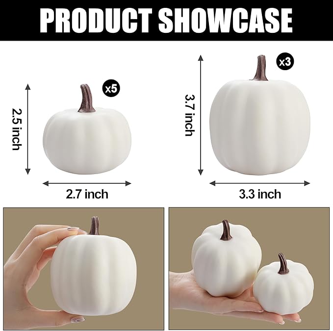 Artgar Pumpkin Decor - White Artificial Pumpkins - 8 PCS Foam Pumpkin Set for Fall Halloween Thanksgiving Harvest Holiday DIY Decor for Home Tabletop Mantel Decoration
