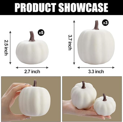 Artgar Pumpkin Decor - White Artificial Pumpkins - 8 PCS Foam Pumpkin Set for Fall Halloween Thanksgiving Harvest Holiday DIY Decor for Home Tabletop Mantel Decoration