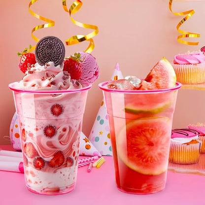 Haawooky 100 Pcs 16 oz Disposable Pink Plastic Cups,Neon Glowing Plastic Party Cups,Bulk Pink Clear Wine Glasses for Valentines Birthday Wedding Bachelorette Party
