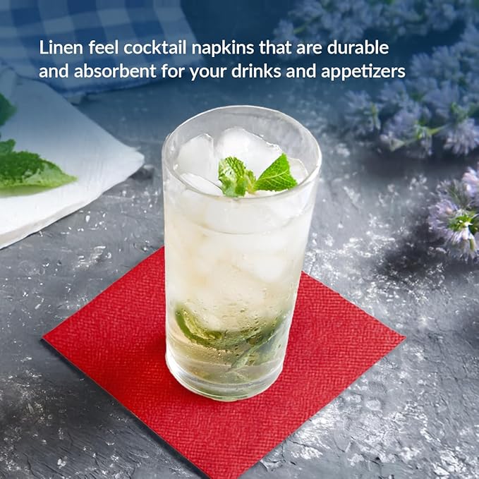 PAW - 100-Pack Disposable Linen-Feel Cocktail Napkins 4" x 4", Red Premium Paper Desert Napkins for Parties, Events, Elegant Cloth-Like Beverage Napkins For Bars, Restaurants, Catereres