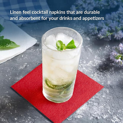 PAW - 100-Pack Disposable Linen-Feel Cocktail Napkins 4" x 4", Red Premium Paper Desert Napkins for Parties, Events, Elegant Cloth-Like Beverage Napkins For Bars, Restaurants, Catereres