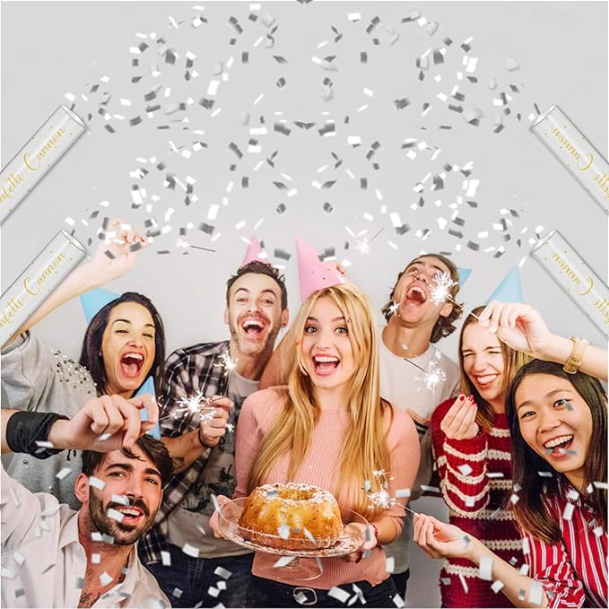 16" Silver & White Confetti Cannons - Party Poppers for Birthday Graduation Retirement Wedding New Year Celebrations - Easy to Use - Pack of 4