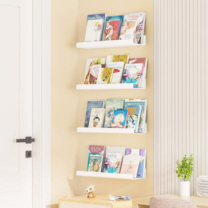 upsimples Acrylic Shelves for Wall Decor, 15" Display Shelf Perfume Organizer for Bathroom, Bedroom, Living Room, Floating Bookshelves for Kids, White, 4 Pack