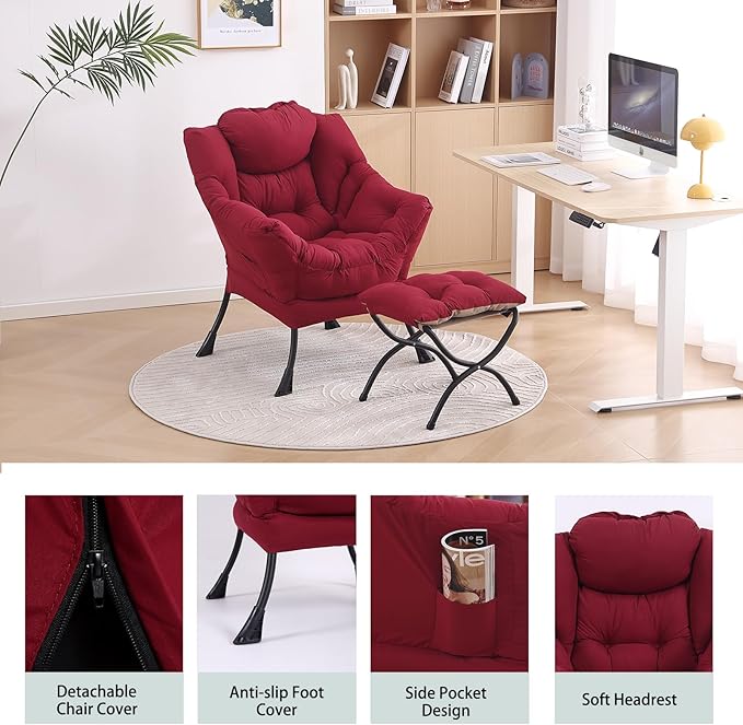 LITA Lazy Chair with Ottoman, Modern Accent Leisure Upholstered Sofa Chairs, Contemporary Lounge Reading Chairs with Armrests and a Side Pocket for Living Room, Bedroom & Small Space, Burgundy