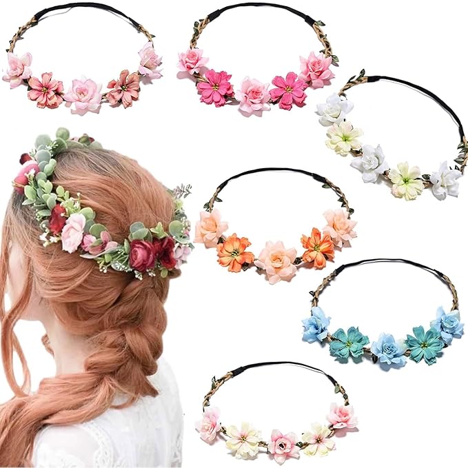 Women Headpieces Collection Accessories 6 PCS Boho Hair Wreaths, Flower Crowns, Tiaras for, Brides, Bridesmaids, Flower Girls, Weddings