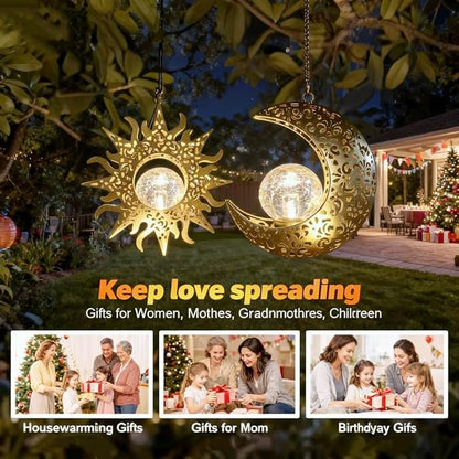 Solar Hanging Sun & Moon Lights Set for Outside,2 Pack Metal Lanterns Pierced Carving Soothing Lamp, Large Decorations for Yard Garden Patio Proch Tree Wall, Christmas Gifts for Women Mom