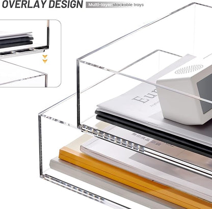 Enlarged Letter Paper Tray - Clear Acrylic Desk Organizers for Document Organization and File Storage - Stackable Office Accessories - 2 Pack (Large Tray V)