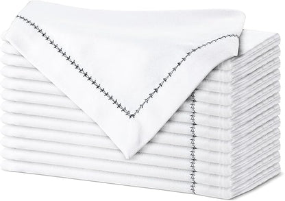 Urban Villa Cloth Napkin Set of 12 Hemstitch White Black 20x20 Inches Premium Soft Cotton Highly Absorbent Reusable & Washable Dinner Table Napkins for Home and Weddings